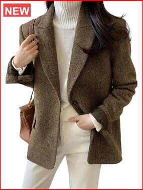 Wool Blend Blazer Jacket Single Breasted Dressy Work Coat
